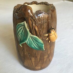 Vintage 3d Glazed Stoneware Vase Beetle On Branch